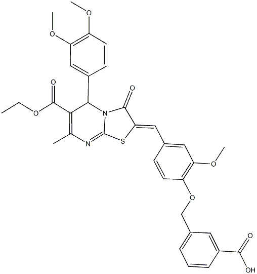 3-({4-[(5-(3,4-dimethoxyphenyl)-6-(ethoxycarbonyl)-7-methyl-3-oxo-5H-[1,3]thiazolo[3,2-a]pyrimidin-2(3H)-ylidene)methyl]-2-methoxyphenoxy}methyl)benzoic acid Structure