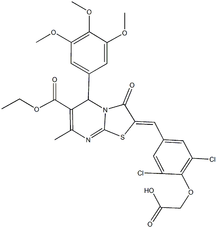 {2,6-dichloro-4-[(6-(ethoxycarbonyl)-7-methyl-3-oxo-5-(3,4,5-trimethoxyphenyl)-5H-[1,3]thiazolo[3,2-a]pyrimidin-2(3H)-ylidene)methyl]phenoxy}acetic acid,433233-19-3,结构式