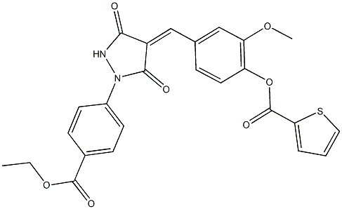 4-({1-[4-(ethoxycarbonyl)phenyl]-3,5-dioxo-4-pyrazolidinylidene}methyl)-2-methoxyphenyl 2-thiophenecarboxylate 化学構造式