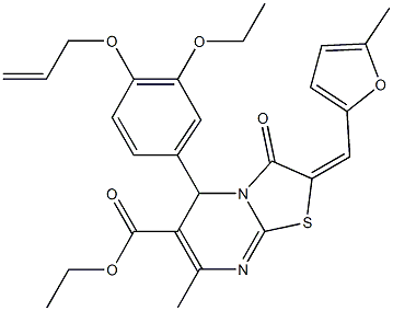 ethyl 5-[4-(allyloxy)-3-ethoxyphenyl]-7-methyl-2-[(5-methyl-2-furyl)methylene]-3-oxo-2,3-dihydro-5H-[1,3]thiazolo[3,2-a]pyrimidine-6-carboxylate 化学構造式