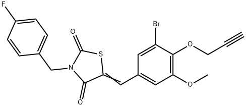 5-[3-bromo-5-methoxy-4-(2-propynyloxy)benzylidene]-3-(4-fluorobenzyl)-1,3-thiazolidine-2,4-dione 化学構造式