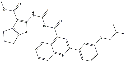 methyl 2-{[({[2-(3-isobutoxyphenyl)-4-quinolinyl]carbonyl}amino)carbothioyl]amino}-5,6-dihydro-4H-cyclopenta[b]thiophene-3-carboxylate 化学構造式