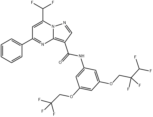 7-(difluoromethyl)-5-phenyl-N-[3-(2,2,3,3-tetrafluoropropoxy)-5-(2,2,2-trifluoroethoxy)phenyl]pyrazolo[1,5-a]pyrimidine-3-carboxamide,438196-79-3,结构式