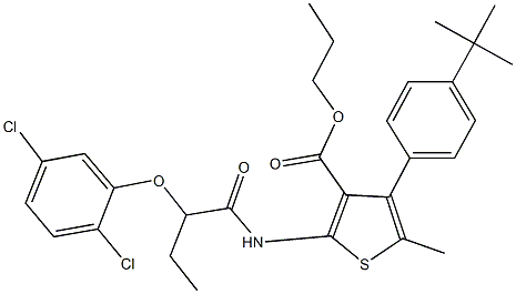 propyl 4-(4-tert-butylphenyl)-2-{[2-(2,5-dichlorophenoxy)butanoyl]amino}-5-methyl-3-thiophenecarboxylate Structure