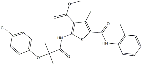 methyl 2-{[2-(4-chlorophenoxy)-2-methylpropanoyl]amino}-4-methyl-5-(2-toluidinocarbonyl)-3-thiophenecarboxylate Structure