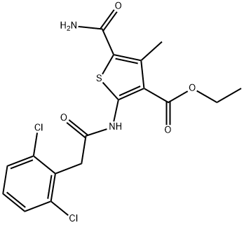 ethyl 5-(aminocarbonyl)-2-{[(2,6-dichlorophenyl)acetyl]amino}-4-methyl-3-thiophenecarboxylate Struktur