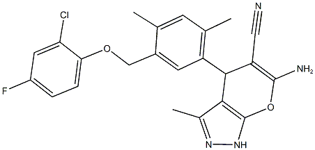 6-amino-4-{5-[(2-chloro-4-fluorophenoxy)methyl]-2,4-dimethylphenyl}-3-methyl-1,4-dihydropyrano[2,3-c]pyrazole-5-carbonitrile 结构式