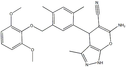 6-amino-4-{5-[(2,6-dimethoxyphenoxy)methyl]-2,4-dimethylphenyl}-3-methyl-1,4-dihydropyrano[2,3-c]pyrazole-5-carbonitrile 结构式
