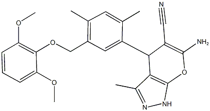 6-amino-4-{5-[(2,6-dimethoxyphenoxy)methyl]-2,4-dimethylphenyl}-3-methyl-1,4-dihydropyrano[2,3-c]pyrazole-5-carbonitrile 化学構造式