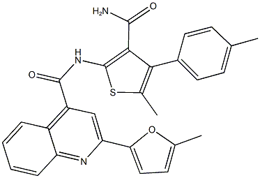 N-[3-(aminocarbonyl)-5-methyl-4-(4-methylphenyl)-2-thienyl]-2-(5-methyl-2-furyl)-4-quinolinecarboxamide 结构式