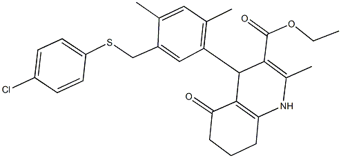 ethyl 4-(5-{[(4-chlorophenyl)sulfanyl]methyl}-2,4-dimethylphenyl)-2-methyl-5-oxo-1,4,5,6,7,8-hexahydro-3-quinolinecarboxylate 化学構造式