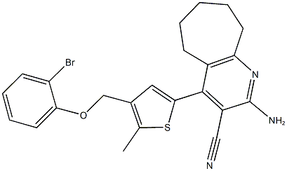 2-amino-4-{4-[(2-bromophenoxy)methyl]-5-methyl-2-thienyl}-6,7,8,9-tetrahydro-5H-cyclohepta[b]pyridine-3-carbonitrile Struktur