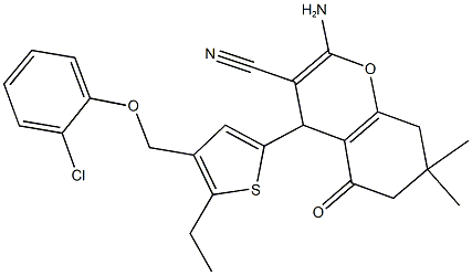 2-amino-4-{4-[(2-chlorophenoxy)methyl]-5-ethyl-2-thienyl}-7,7-dimethyl-5-oxo-5,6,7,8-tetrahydro-4H-chromene-3-carbonitrile,438224-49-8,结构式