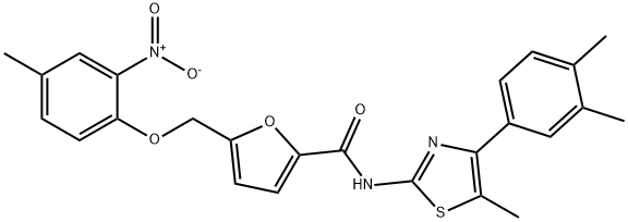 N-[4-(3,4-dimethylphenyl)-5-methyl-1,3-thiazol-2-yl]-5-({2-nitro-4-methylphenoxy}methyl)-2-furamide 化学構造式