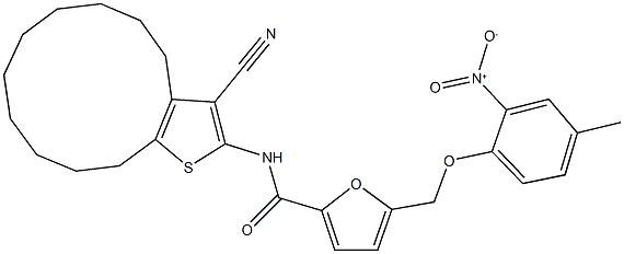 N-(3-cyano-4,5,6,7,8,9,10,11,12,13-decahydrocyclododeca[b]thien-2-yl)-5-({2-nitro-4-methylphenoxy}methyl)-2-furamide 结构式