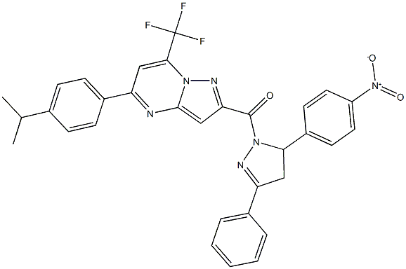 2-[(5-{4-nitrophenyl}-3-phenyl-4,5-dihydro-1H-pyrazol-1-yl)carbonyl]-5-(4-isopropylphenyl)-7-(trifluoromethyl)pyrazolo[1,5-a]pyrimidine Struktur