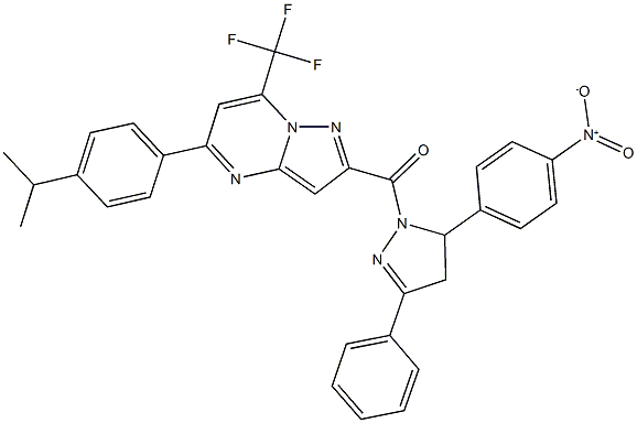 2-[(5-{4-nitrophenyl}-3-phenyl-4,5-dihydro-1H-pyrazol-1-yl)carbonyl]-5-(4-isopropylphenyl)-7-(trifluoromethyl)pyrazolo[1,5-a]pyrimidine,438229-98-2,结构式