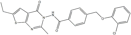 4-[(2-chlorophenoxy)methyl]-N-(6-ethyl-2-methyl-4-oxothieno[2,3-d]pyrimidin-3(4H)-yl)benzamide 化学構造式