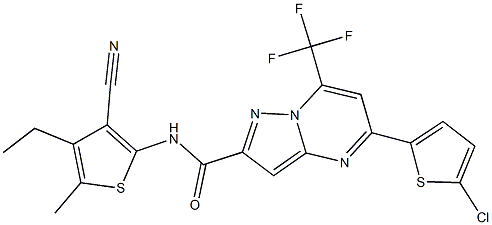 5-(5-chloro-2-thienyl)-N-(3-cyano-4-ethyl-5-methyl-2-thienyl)-7-(trifluoromethyl)pyrazolo[1,5-a]pyrimidine-2-carboxamide Struktur