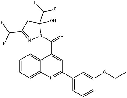 3,5-bis(difluoromethyl)-1-{[2-(3-ethoxyphenyl)-4-quinolinyl]carbonyl}-4,5-dihydro-1H-pyrazol-5-ol 化学構造式