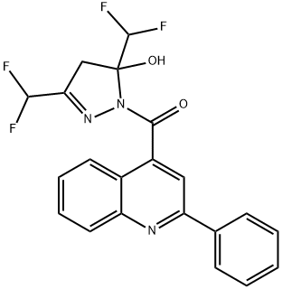 3,5-bis(difluoromethyl)-1-[(2-phenyl-4-quinolinyl)carbonyl]-4,5-dihydro-1H-pyrazol-5-ol 化学構造式