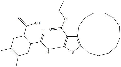 6-({[3-(ethoxycarbonyl)-5,6,7,8,9,10,11,12,13,14-decahydro-4H-cyclotrideca[b]thien-2-yl]amino}carbonyl)-3,4-dimethyl-3-cyclohexene-1-carboxylic acid Structure