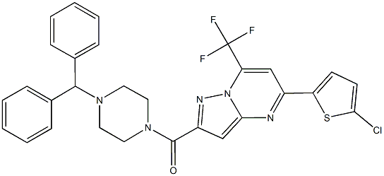 2-[(4-benzhydryl-1-piperazinyl)carbonyl]-5-(5-chloro-2-thienyl)-7-(trifluoromethyl)pyrazolo[1,5-a]pyrimidine 化学構造式