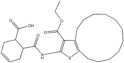 6-({[3-(ethoxycarbonyl)-5,6,7,8,9,10,11,12,13,14-decahydro-4H-cyclotrideca[b]thien-2-yl]amino}carbonyl)-3-cyclohexene-1-carboxylic acid Struktur