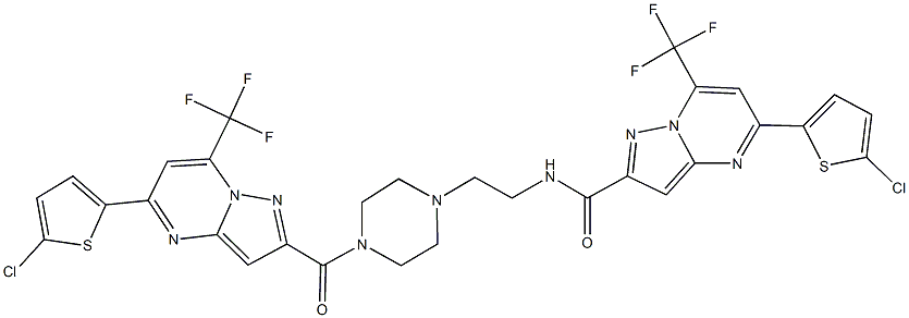 5-(5-chloro-2-thienyl)-N-[2-(4-{[5-(5-chloro-2-thienyl)-7-(trifluoromethyl)pyrazolo[1,5-a]pyrimidin-2-yl]carbonyl}-1-piperazinyl)ethyl]-7-(trifluoromethyl)pyrazolo[1,5-a]pyrimidine-2-carboxamide 结构式