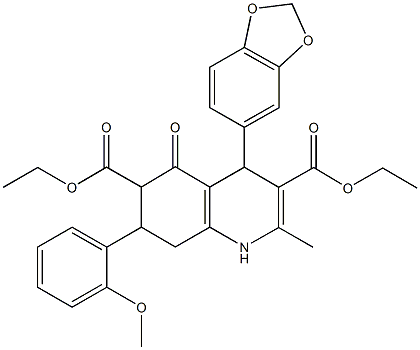 diethyl 4-(1,3-benzodioxol-5-yl)-7-(2-methoxyphenyl)-2-methyl-5-oxo-1,4,5,6,7,8-hexahydro-3,6-quinolinedicarboxylate,438239-10-2,结构式