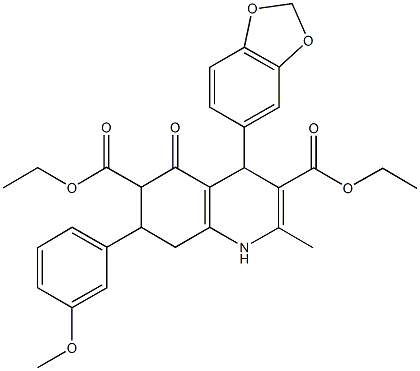 diethyl 4-(1,3-benzodioxol-5-yl)-7-(3-methoxyphenyl)-2-methyl-5-oxo-1,4,5,6,7,8-hexahydro-3,6-quinolinedicarboxylate,438239-11-3,结构式