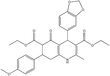 diethyl 4-(1,3-benzodioxol-5-yl)-7-(4-methoxyphenyl)-2-methyl-5-oxo-1,4,5,6,7,8-hexahydro-3,6-quinolinedicarboxylate 化学構造式