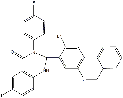 2-[5-(benzyloxy)-2-bromophenyl]-3-(4-fluorophenyl)-6-iodo-2,3-dihydro-4(1H)-quinazolinone Struktur