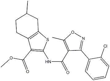 methyl 2-({[3-(2-chlorophenyl)-5-methyl-4-isoxazolyl]carbonyl}amino)-6-methyl-4,5,6,7-tetrahydro-1-benzothiophene-3-carboxylate,438453-08-8,结构式