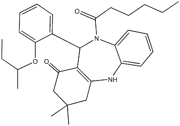 11-(2-sec-butoxyphenyl)-10-hexanoyl-3,3-dimethyl-2,3,4,5,10,11-hexahydro-1H-dibenzo[b,e][1,4]diazepin-1-one 结构式