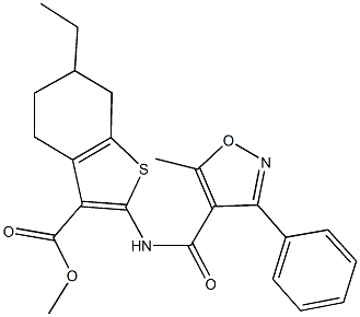 methyl 6-ethyl-2-{[(5-methyl-3-phenyl-4-isoxazolyl)carbonyl]amino}-4,5,6,7-tetrahydro-1-benzothiophene-3-carboxylate,438473-92-8,结构式