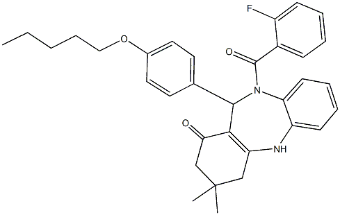 10-(2-fluorobenzoyl)-3,3-dimethyl-11-[4-(pentyloxy)phenyl]-2,3,4,5,10,11-hexahydro-1H-dibenzo[b,e][1,4]diazepin-1-one 结构式