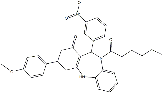 10-hexanoyl-11-{3-nitrophenyl}-3-(4-methoxyphenyl)-2,3,4,5,10,11-hexahydro-1H-dibenzo[b,e][1,4]diazepin-1-one Structure