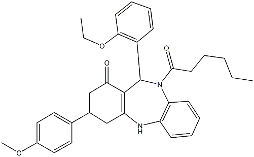 11-(2-ethoxyphenyl)-10-hexanoyl-3-(4-methoxyphenyl)-2,3,4,5,10,11-hexahydro-1H-dibenzo[b,e][1,4]diazepin-1-one Structure