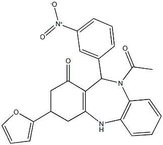 10-acetyl-3-(2-furyl)-11-{3-nitrophenyl}-2,3,4,5,10,11-hexahydro-1H-dibenzo[b,e][1,4]diazepin-1-one,438476-28-9,结构式