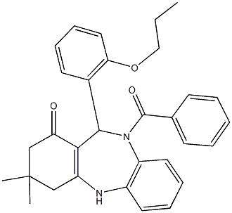 10-benzoyl-3,3-dimethyl-11-(2-propoxyphenyl)-2,3,4,5,10,11-hexahydro-1H-dibenzo[b,e][1,4]diazepin-1-one Structure