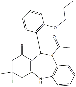 10-acetyl-3,3-dimethyl-11-(2-propoxyphenyl)-2,3,4,5,10,11-hexahydro-1H-dibenzo[b,e][1,4]diazepin-1-one Struktur