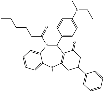 11-[4-(diethylamino)phenyl]-10-hexanoyl-3-phenyl-2,3,4,5,10,11-hexahydro-1H-dibenzo[b,e][1,4]diazepin-1-one,438476-41-6,结构式