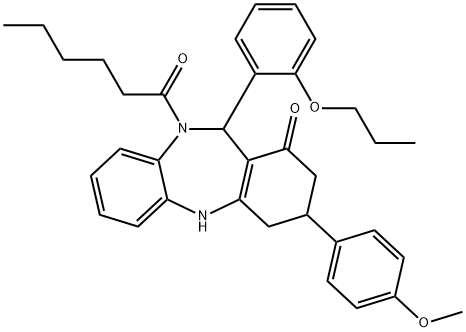 10-hexanoyl-3-(4-methoxyphenyl)-11-(2-propoxyphenyl)-2,3,4,5,10,11-hexahydro-1H-dibenzo[b,e][1,4]diazepin-1-one,438476-53-0,结构式