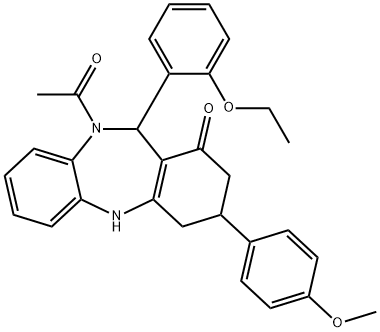 10-acetyl-11-(2-ethoxyphenyl)-3-(4-methoxyphenyl)-2,3,4,5,10,11-hexahydro-1H-dibenzo[b,e][1,4]diazepin-1-one,438476-57-4,结构式