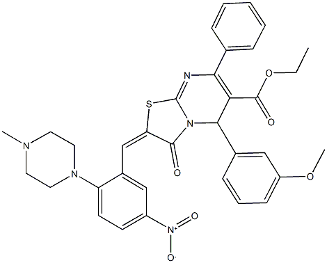 ethyl 2-[5-nitro-2-(4-methyl-1-piperazinyl)benzylidene]-5-(3-methoxyphenyl)-3-oxo-7-phenyl-2,3-dihydro-5H-[1,3]thiazolo[3,2-a]pyrimidine-6-carboxylate 化学構造式