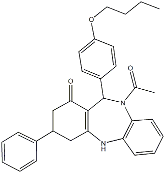 10-acetyl-11-(4-butoxyphenyl)-3-phenyl-2,3,4,5,10,11-hexahydro-1H-dibenzo[b,e][1,4]diazepin-1-one,438528-35-9,结构式