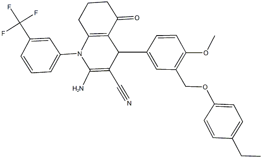 2-amino-4-{3-[(4-ethylphenoxy)methyl]-4-methoxyphenyl}-5-oxo-1-[3-(trifluoromethyl)phenyl]-1,4,5,6,7,8-hexahydro-3-quinolinecarbonitrile Structure