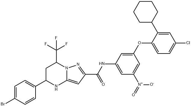 5-(4-bromophenyl)-N-{3-(4-chloro-2-cyclohexylphenoxy)-5-nitrophenyl}-7-(trifluoromethyl)-4,5,6,7-tetrahydropyrazolo[1,5-a]pyrimidine-2-carboxamide 化学構造式