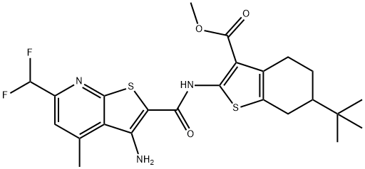 methyl 2-({[3-amino-6-(difluoromethyl)-4-methylthieno[2,3-b]pyridin-2-yl]carbonyl}amino)-6-tert-butyl-4,5,6,7-tetrahydro-1-benzothiophene-3-carboxylate Struktur